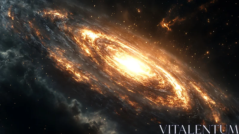 Fiery spiral galaxy glows against deep shadowed cosmos