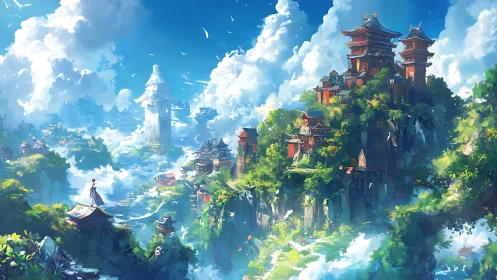 Sky-high temple gardens drifting through clouds of dawn.