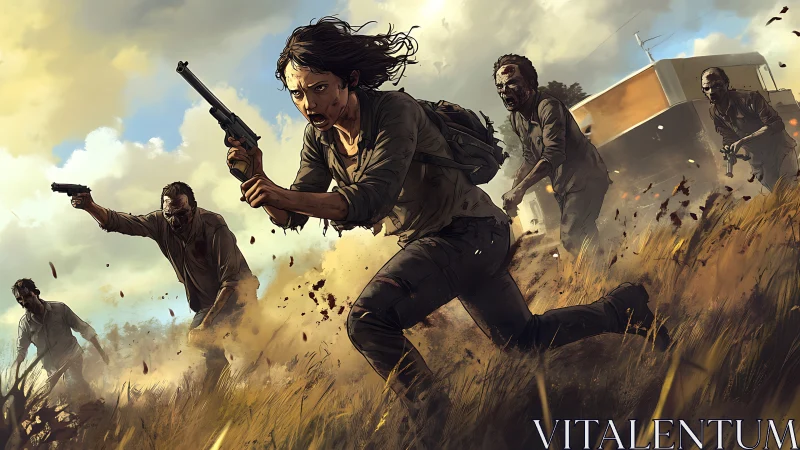 Survivor sprints through tall grass under zombie pursuit with pistols drawn