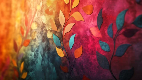 Chromatic leaf relief on textured gradient wall surface.