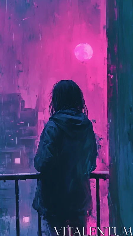 Nocturnal balcony observer in magenta atmospheric diffusion.