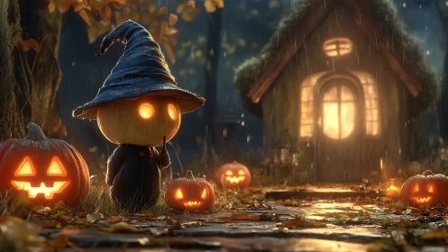Rain-soaked pumpkin figure illuminates jack-o-lantern path to hut