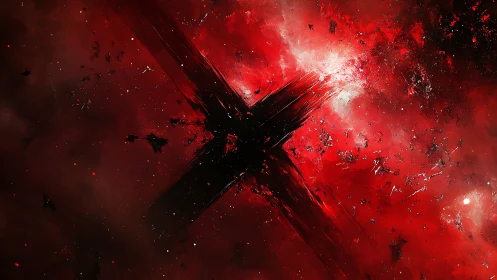 Black diagonal cross interrupts dense red nebular field