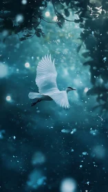 Graceful white crane glides through a mystical teal forest sky