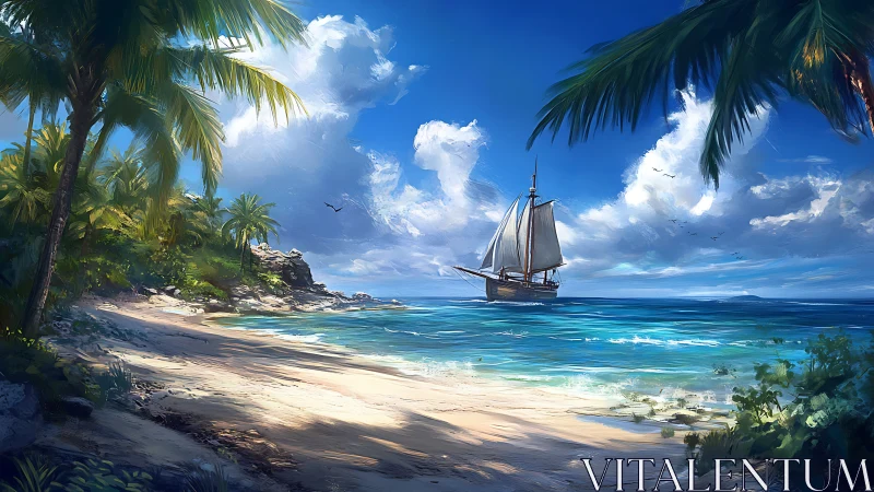 Tropical Beach Scene with Sailing Vessel.