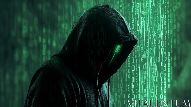 Hooded cyber figure drifting through glowing green code.