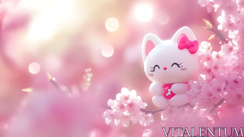 Kawaii lucky cat figurine among soft pink cherry blossoms.
