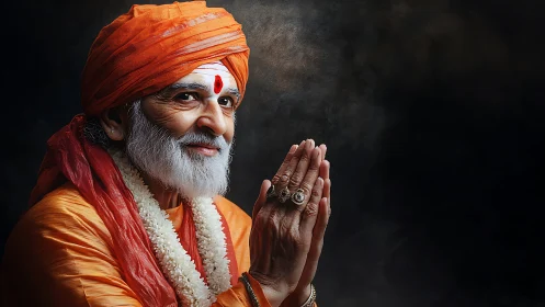 Elderly spiritual guru in orange robes with folded hands.