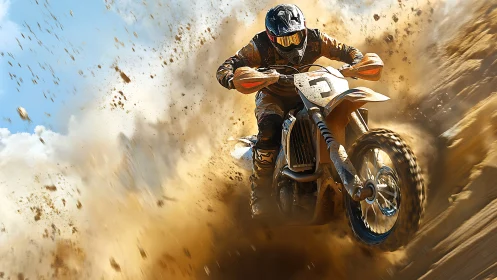 Roaring dirt bike racer kicks up golden sand in full motion