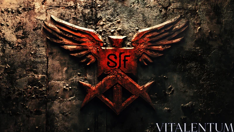 Winged red emblem with SF monogram on distressed metal wall.