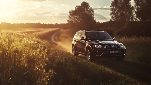 Sunlit SUV glides along a peaceful countryside dirt road