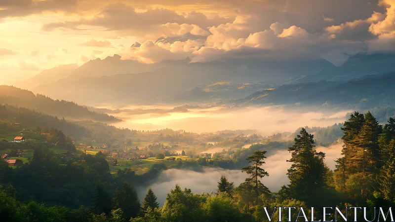 Golden-hour alpine valley landscape captures diffused atmospheric light