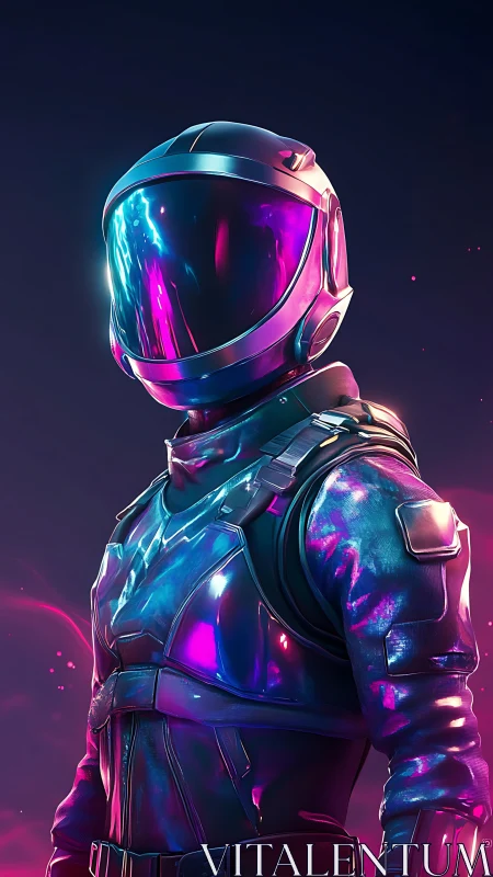 Stargazing in neon armor under a quiet cosmic sky.