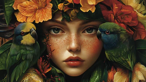 Freckled female portrait framed by parrots and flowers.