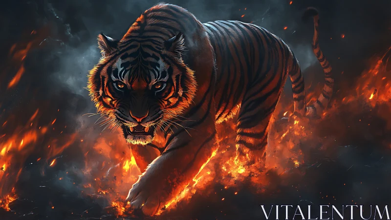 Infernal stride of a hyperreal tiger through eruptive flame field