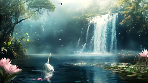 Digital painting of swan lagoon before misty rainforest waterfall.