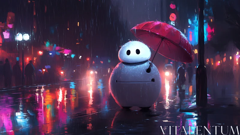 Rain-soaked robot guardian cradling a neon-pink umbrella.
