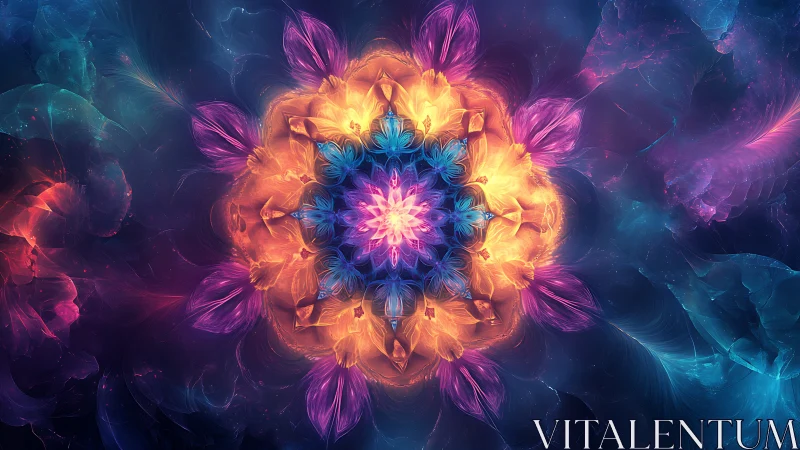 Fractal mandala glows with vivid neon petals in deep space