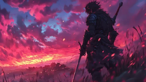 Lone duskblade watches ember skies above doomed citadel.