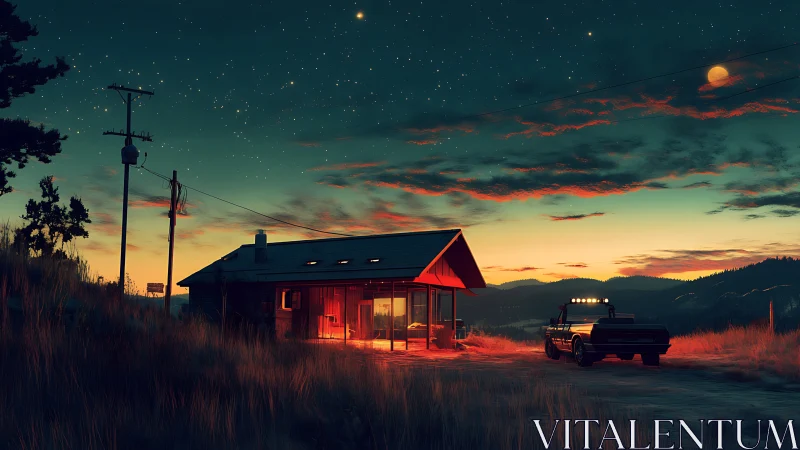 Lone roadside cabin glowing under star-filled twilight sky.