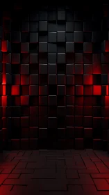 Red-lit geometric cube wall in dark abstract chamber.