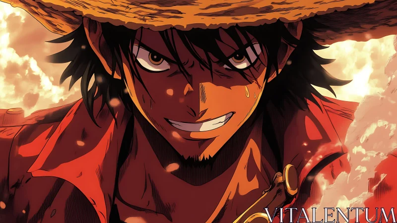 Straw hat anime hero in intense fiery close-up portrait.