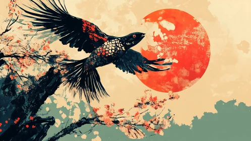 Soaring black bird gliding past a glowing red sun.