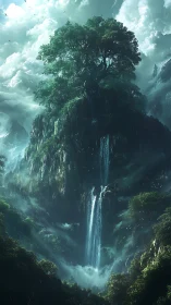 Ancient world-tree rises above misty cliffs and waterfalls