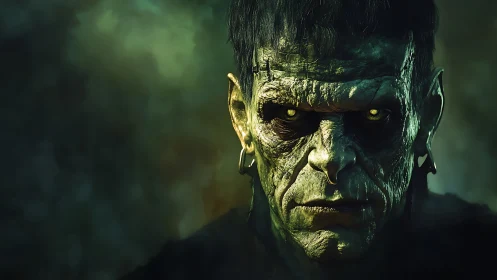 Monochromatic green creature portrait with high-detail skin mapping