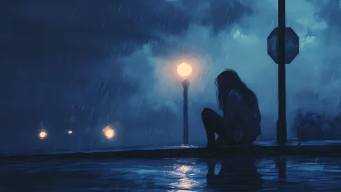 Rain-soaked urban curbside silhouette under sodium streetlamp