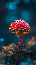Bioluminescent-toned fly agaric mushroom in shallow depth portrait