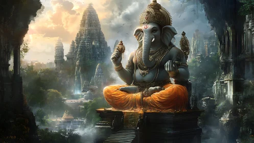 Serene elephant deity over misty temples at sunrise.