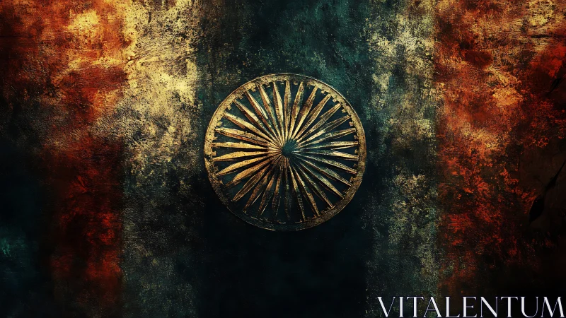 Weathered Indian tricolor flag with metallic Ashoka Chakra emblem