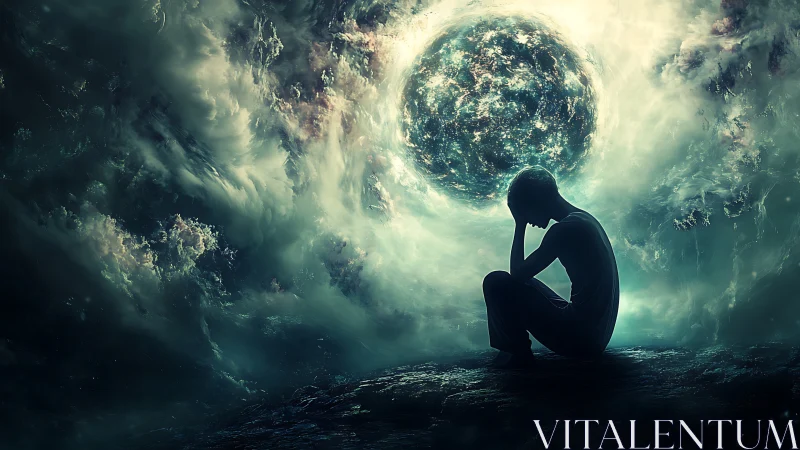 Silhouetted figure under swirling cosmic stormy sky.