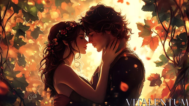 Couple in autumn landscape with warm bokeh lighting.