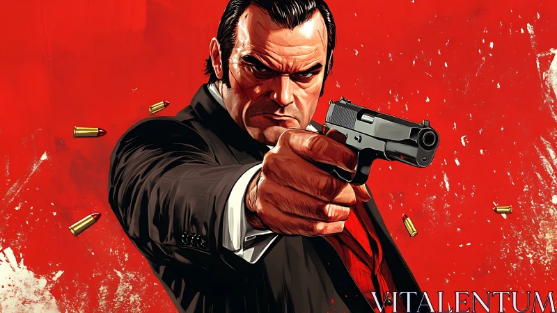 Gunman locks aim against stark red backdrop in action pose.