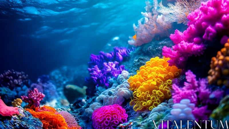 Radiant coral garden beneath tranquil blue ocean light.