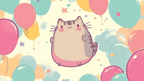 Whimsical feline celebrates joy amid a sky brimming with colorful balloons.