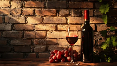Sunlit brick cellar with ruby wine, glass, and grapes poised.