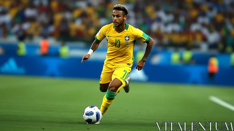 Dynamic mid-stride footballer dribbling on pro stadium turf