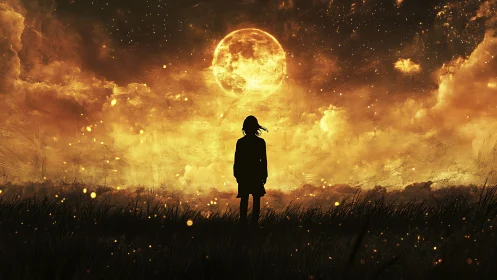 Silhouetted dreamer watches a blazing golden moonrise sky