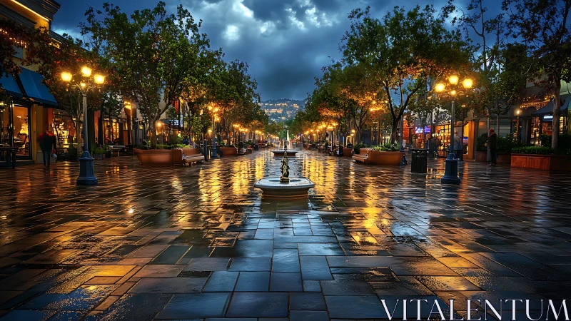 Rain-soaked pedestrian street shows wet tiles and glowing lights