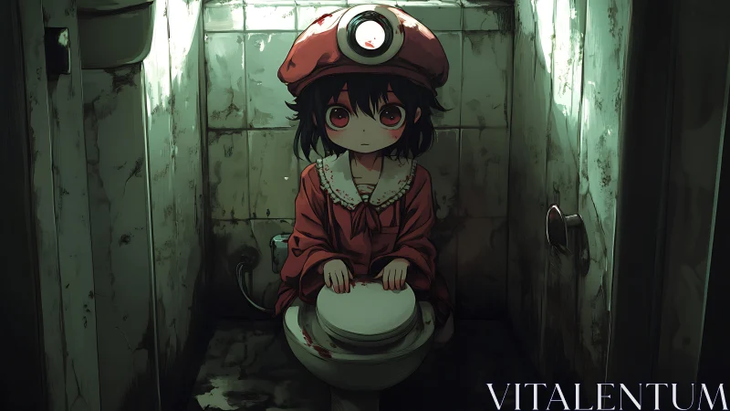 Crimson-eyed child quietly haunts the broken bathroom stall