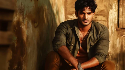 Photorealistic portrait in rustic alleyway side lighting.