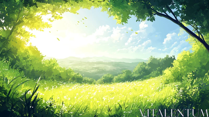 Sunlit meadow opens toward distant rolling hills and sky