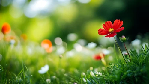 Red Cosmos Flower in Shallow Focus Garden Setting
