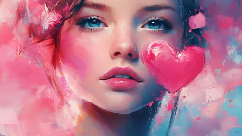 Vibrant pink portrait with heart-shaped brushstrokes.