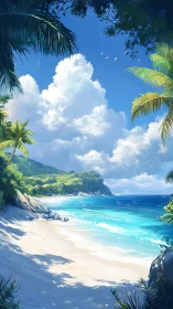 Tropical Paradise Beach with Towering Clouds.