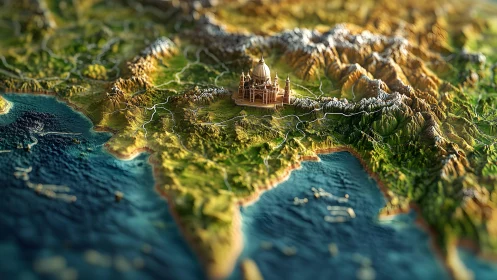 Miniature Taj Mahal on 3D Relief Map of India, Vibrant Artistic Style.
