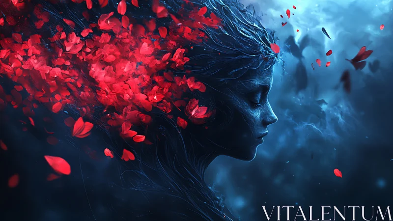 Dreaming woman dissolves into bright red petals in blue dusk